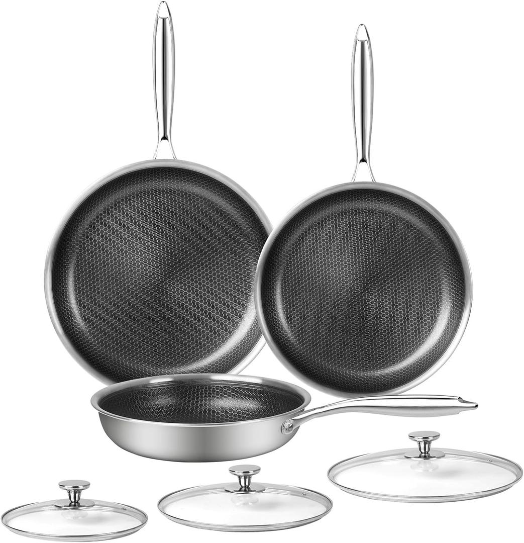 6 Piece Stainless Steel Frying Pan Set with Lids, Nonstick Honeycomb Frying Pan Set, 3pcs W/Stay Cool Handle, Skillet Works Pan for Cooking with Induction, Gas, Ceramic & Electric Stovetops (Silver-9.5inch+10inch+12inch With Lid)