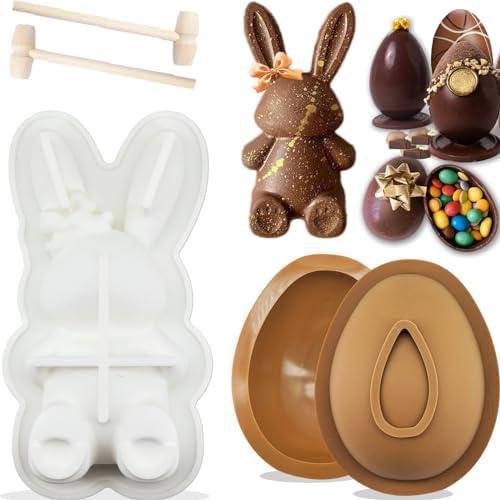 3Pcs Large Bunny Mold Easter Egg Silicone Mold for Chocolate, 3D Rabbit Bunny Easter Egg Shape Silicone Mold Easter Bunny Cake Pan Mold Bunny Breakable Chocolate Gummy Mold with 2 Wood Hammers
