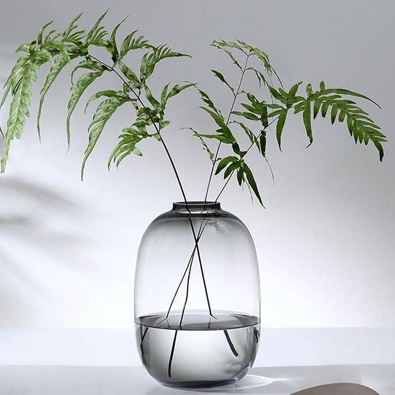 Glass Vase, Large Gray Oval Flower Vases, Hand Blown 10 Inch Glass Vase for Home Decor, Modern Centerpiece, Unique Gift (Gray, Large)