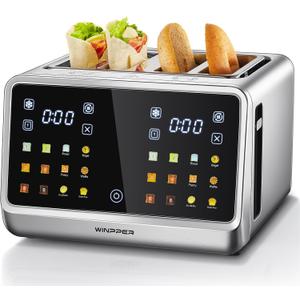 4 Slice Touchscreen Toaster, Digital Display | Stainless Steel, Extra Wide Slots, 6 Shade Settings, Defrost Reheat Cancel Functions, Removable Crumb Tray, Bagel & Bread