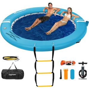 FBSPORT Inflatable Dock Floating Platform, Inflatable Water Hammock Floating Deck for Lake W/Cupholder, Round Floating Ring Sunchill Float Ring, Pool Float Raft Lounger Island Platform Pad (Blue)