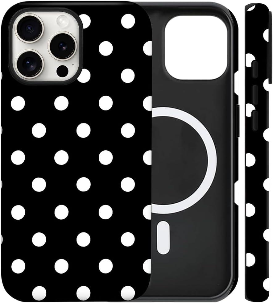 Magnetic for iPhone 15 Pro Case Cute Big Polka Dot Phone Case, Shockproof Slim TPU and Hard PC Protective Phone Cover Compatible with MagSafe Designed for Women Girls, Black 01
