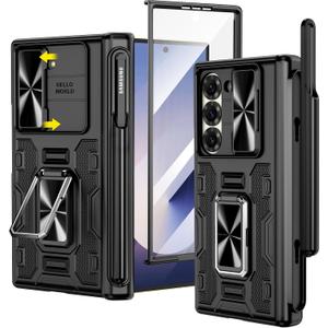 VEGO for Galaxy Z Fold 6 Case, [Removable S Pen Holder][Hinge Protection][360Ring Magnetic Kickstand][Slide Camera Cover][Front Screen Protector] Protective Case for Samsung Galaxy Z Fold 6 - Black