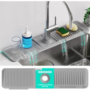 24 Inch Longer Faucet Mat for Kitchen Sink [5 Slope Fast Self-draining] Bathroom Kitchen Sink Splash Guard Silicone Sinks Faucet Mat Splash Guard for Kitchens Sinks Area Tidy Splashs Draining Mats (Gray)