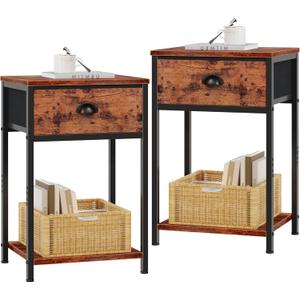 Furologee Nightstands Set of 2, Industrial End Table with Fabric Drawer and Storage Shelf, Retro Bedside Tables Organizer, Side Table for Living Room Bedroom, Rustic Brown
