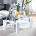 Living Room Rectangle Coffee Table, Tea Table Suitable for Waiting Room, Modern Side Coffee Table with Wooden Leg, Glass Tabletop with Lower Shelf, White 39.5 * 23.5 * 17.5, White