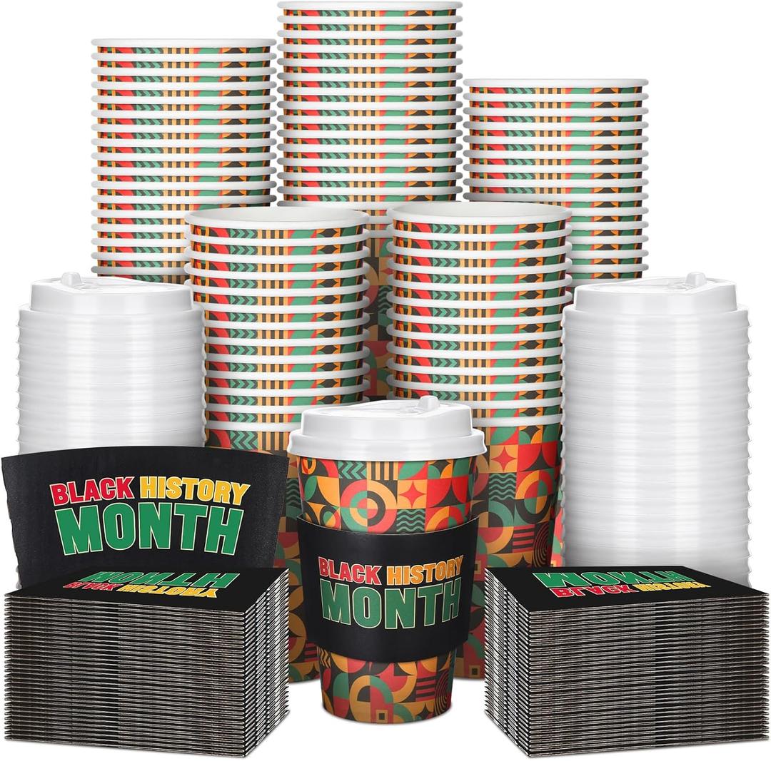 100 Sets Black History Month Disposable Coffee Cups with Lids and Sleeves Paper 12oz Coffee Travel Drinking Cups for Black History Month Party Supplies