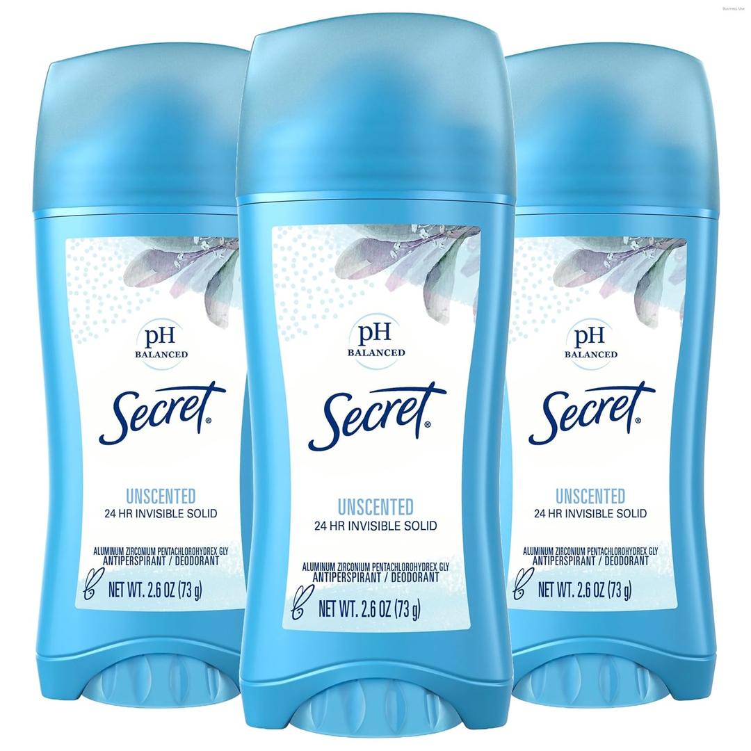 Secret Antiperspirant and Deodorant for Women, 24hr Sweat & Odor Protection, PH Balanced Protection, Gentle on Skin, Invisible Solid, Unscented, 2.6 oz (Pack of 3)
