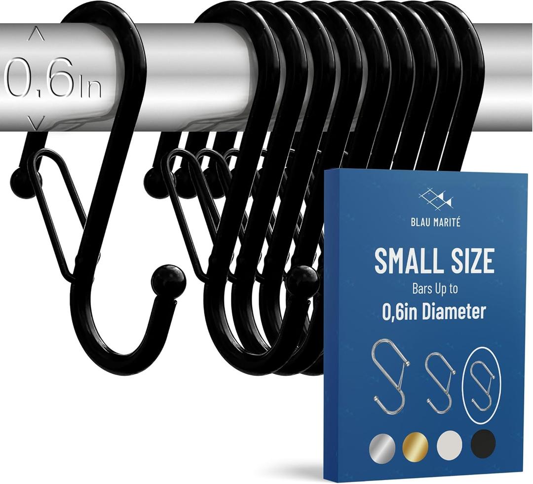 10-Pack Metal S Hooks for Hanging  Heavy-Duty S-Shaped Hook with Safety Buckle  Fits Bars up to 0.6 in  Anti-Drop Hooks for Kitchen, Pot Racks & Towel Bars  Black (Small)