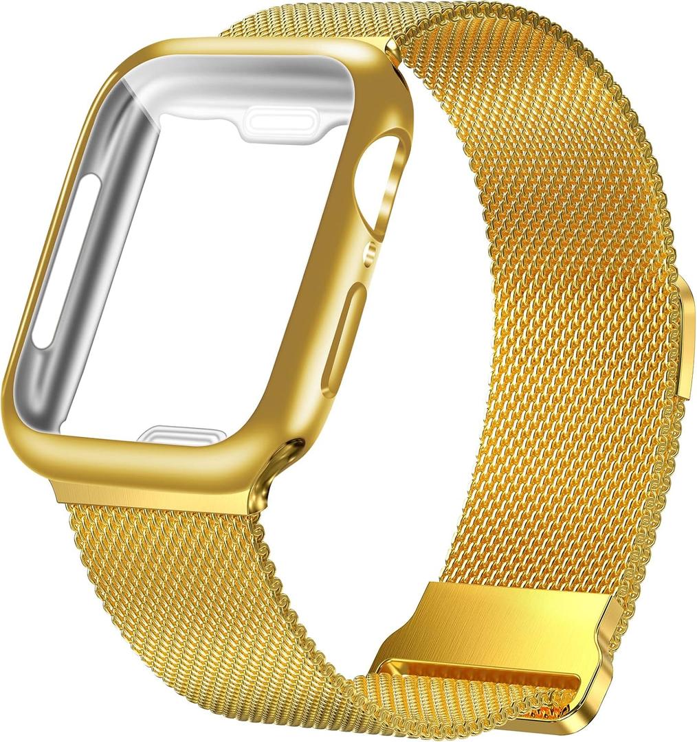 Geoumy Metal Magnetic Bands Compatible for Apple Watch Band 45mm with Case, Stainless Steel Milanese Mesh Loop Replacement Strap Compatible with iWatch Series SE 10-1 for Women Men,Gold