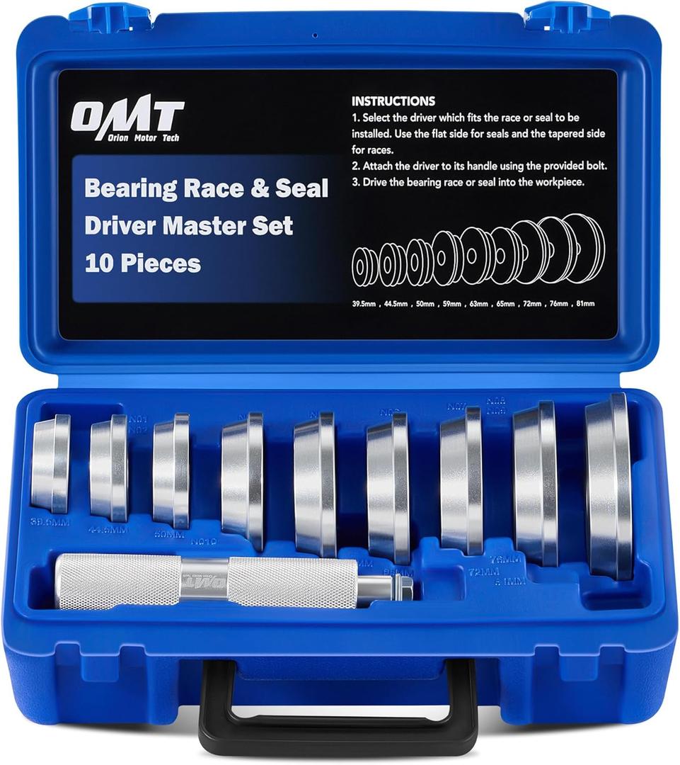 Orion Motor Tech Bearing Press Kit, 10pc Bearing Race and Seal Driver Set with Seal Driver and 9 Bearing Adapters, Seal Installer Bearing Driver Kit for Bearing Installation (39.5 to 81 mm)