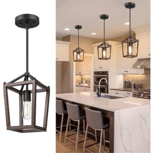 EDISHINE Pendant Lights for Kitchen Island, 1-Light Farmhouse Cage Hanging Light Fixtures, Rustic Wood with Brown Finish, Adjustable Height Pendant Light for Dining Room, Allway and Foyer