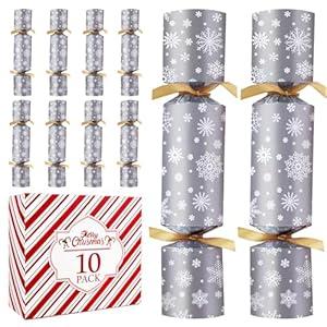 Jorfin 10PACK Christmas Party Favor 10‘’ No-Snap Table Favors with Prize Joke Gifts for Adults Kids Party Supplies Dinner Decorations British English Holiday Sliver Snowflake Pattern