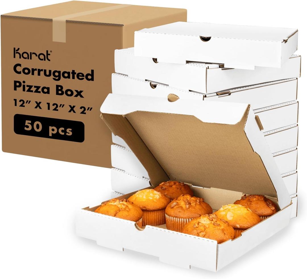 Karat Pizza Boxes 12" x 12" [50 Pack] White Corrugated Boxes | Ventilated, Grease-Resistant, Durable for Pizza or Mailing Use
