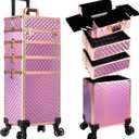AROUS Rolling Makeup Train Case 4 in 1 Cosmetology Case on Wheels Large Storage Cosmetic Trolley with Key Salon Barber Case Traveling Cart Trunk, Pink