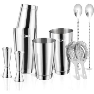 Boston Cocktail Shaker, 8-Piece Professional Shaker Set, Stainless Steel Bar Tools Set with Boston Shaker, Bar Spoon, Jigger, Hawthorne Strainer, Dishwasher Safe, Ideal Bartender Kit for Bar (Silver)