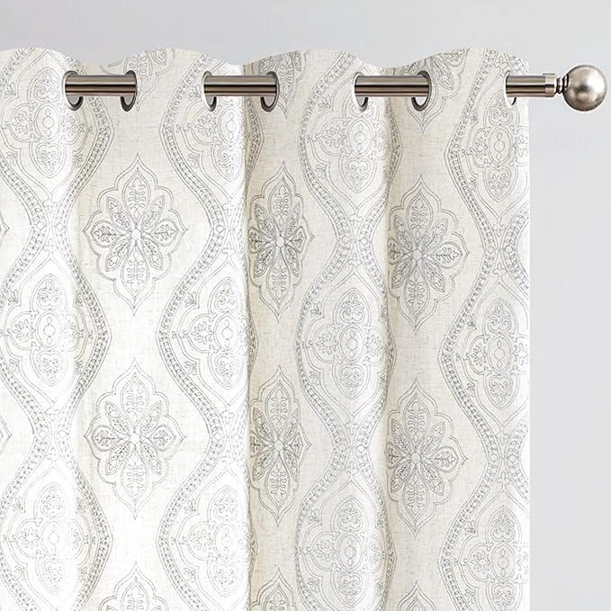 jinchan Boho Linen Curtains for Living Room Embroidered Design Window Curtains Light Filtering Flax Linen Blend Window Treatments Set for Bedroom Grommet Top 2 Panels 84 Inch Length Grey on Ecru, 50"W x 84"L (Pack of 2)