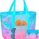 Mesh Beach Bag - Large Beach Tote Bag Women Pool Bags with Zipper 10 Pockets Foldable Beach Toy Bag for Towel, Flip Flops (Pink+blue)