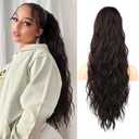 Flufymooz Ponytail Extension, 26 Inch Drawstring Ponytail Hair Extensions for Women Long Curly Wavy Pony Tail Natural Wavy Synthetic Hairpiece for Women Daily Use party (26 Inch Black Brown)