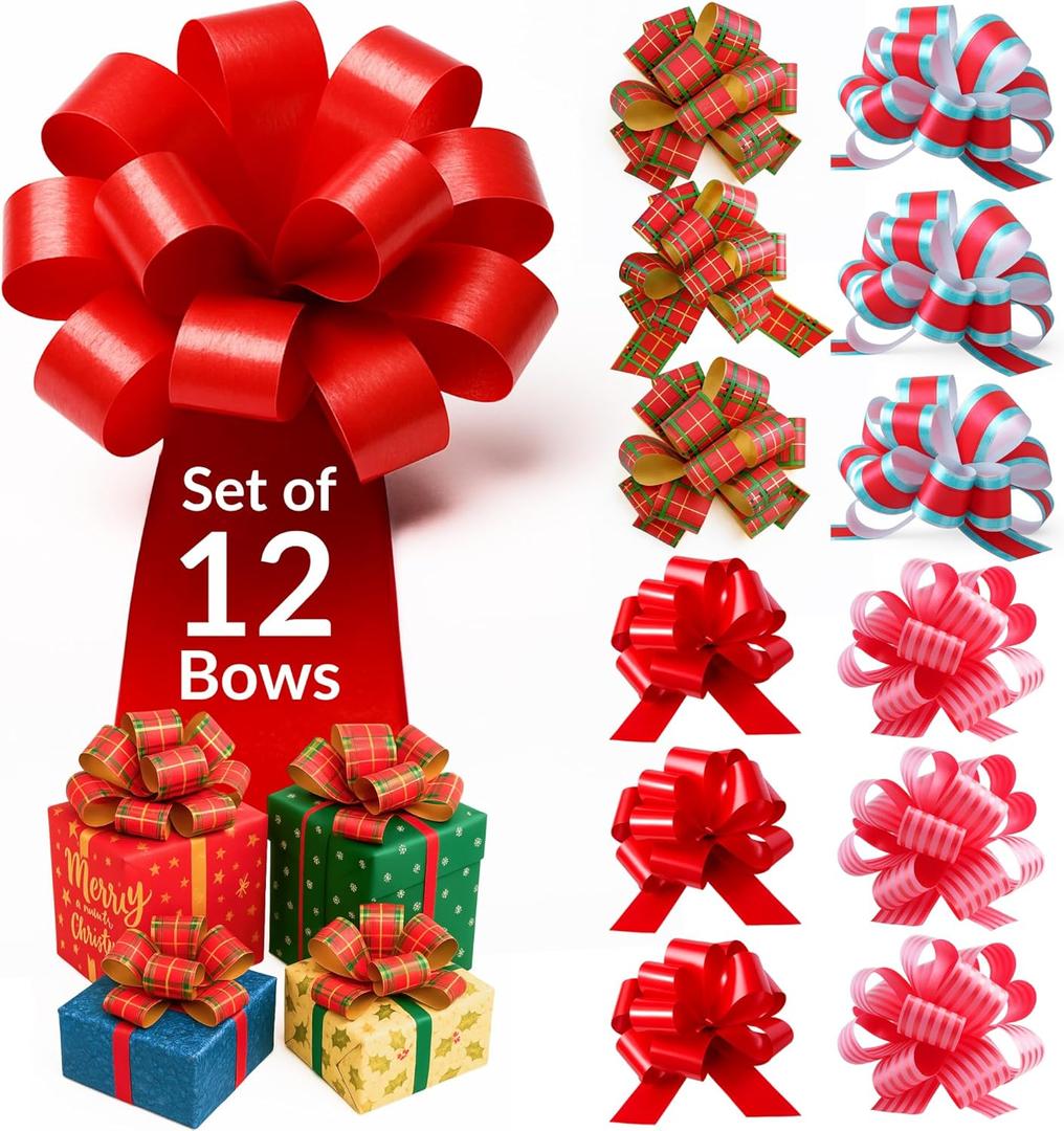 Eye-Catching Xmas Pull Bows for Easy Gift Wrapping with Ribbon - 5" Wide Wrap Bows for Christmas Tree Decoration, Holiday Dcor, Present Wrapping, Baskets, Birthday, Easter - 12 Assorted Bows