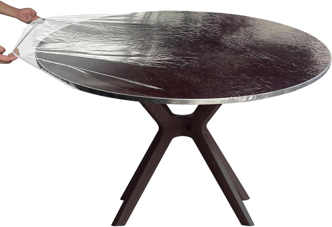 Round Clear Vinyl Fitted Tablecloth Waterproof Oil-Proof Heavy Duty Elasticized PVC Table Cover Elastic Edge Design Plastic Tablecloth, Indoor/Outdoor Use. (Fits 57" to 65" Diameter Tables)