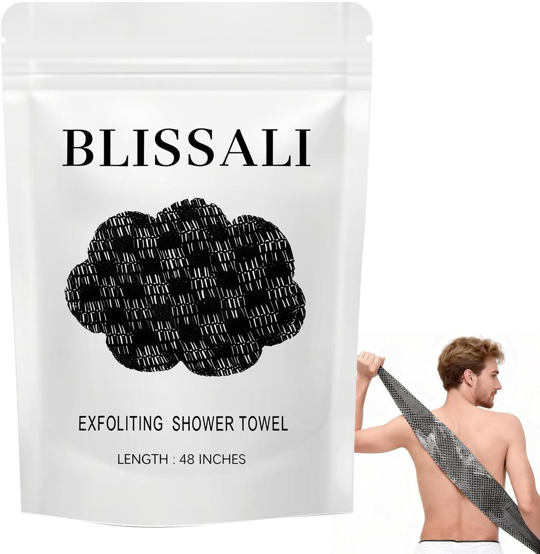 2 x Blissal Exfoliating Shower Towel 47", Premium Scrub Wash Cloth for Body Face, Blissal exfoliating Towels-Body Scrubber with 2 Sides for All Skin Types (Black)