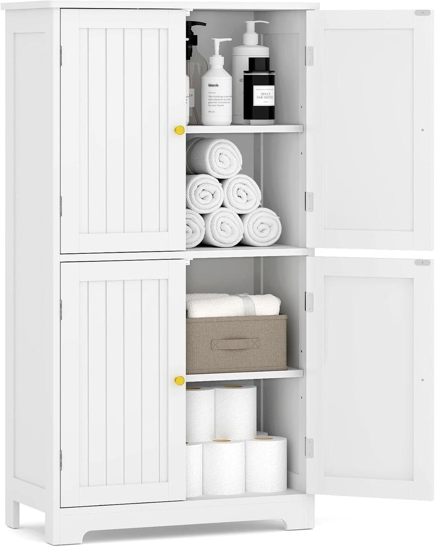 TidyHaven 44.5” Tall Bathroom Storage Cabinet, Freestanding Floor Cabinet with 4 Doors and Adjustable Shelves, Modern Storage Organizer for Bathroom, Kitchen, Entryway, Home Office, 11.8"D X 23.6"W X 44.5"H, White