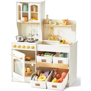 Tiny Land Wooden Play Kitchen for Kids Enhanced Storage with Cabinets & Bins, Modern Toddler Kitchen Playset with Stove, Sink & Accessories