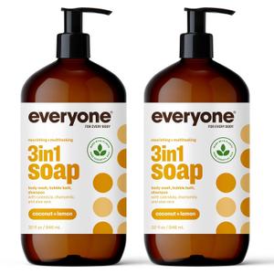 Everyone 3-in-1 Soap, Body Wash, Bubble Bath, Shampoo, 32 Ounce (Pack of 2), Coconut and Lemon, Coconut Cleanser with Plant Extracts and Pure Essential Oils