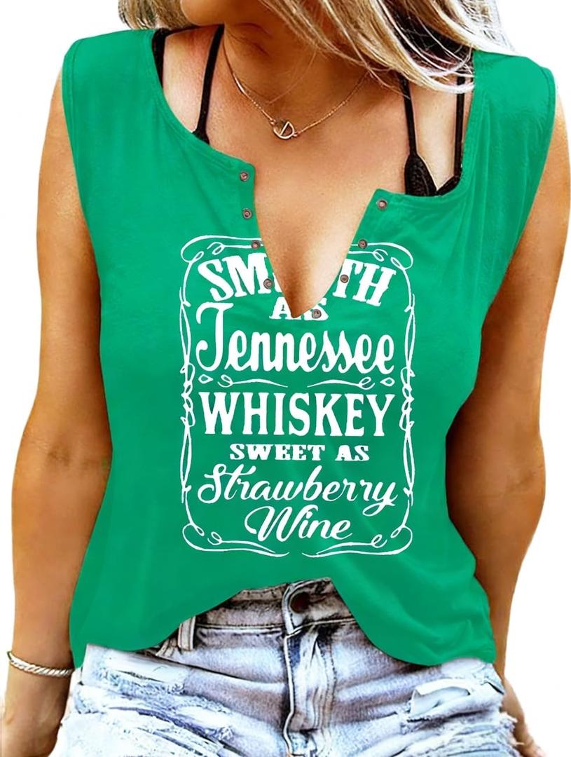 Women Summer Graphic Tank Tops V Neck Retro Country Music Concert Sleeveless Tee Top (Green, L)