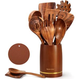 Spardar Wooden Kitchen Utensils, 12 Piece Set Wooden Spoon Set with 9 Teak Wood Cooking Spoons, Spoon Rest, Pot Holde, 3.3 Inch Utensil Holder, as Kitchen Decoration and Housewarming Gift