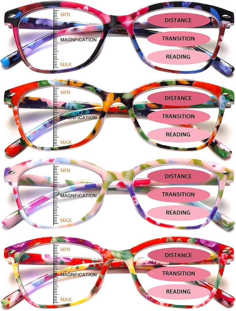 Progressive Multifocus Reading Glasses for Women Pattern Print Blue Light Blocking Spring Hinge Computer Multifocal Ladies Readers(4 Mix Color, 1.25, x)