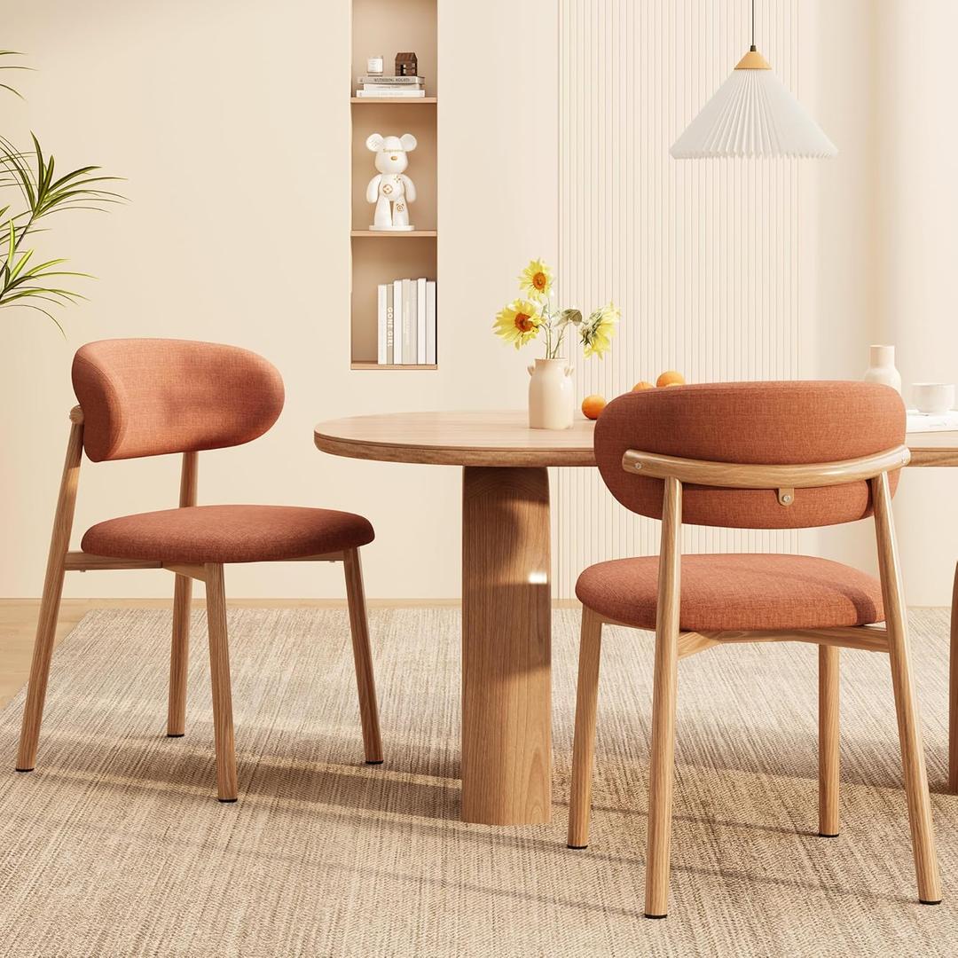 Kitchen Dining Chairs Set of 2 Modern Soft Linen Farmhouse Dining Room Chair with Metal Legs, Orange/Original