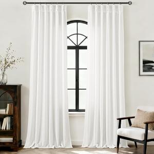 White Pinch Pleat Linen Curtains 90 inch Long 2 Panels Set for Living Room Modern Elegant Light Filtering Semi Sheer Coastal Decor Cotton Textured Gauze Curtain Triple Pleated White Drapes 90 Length