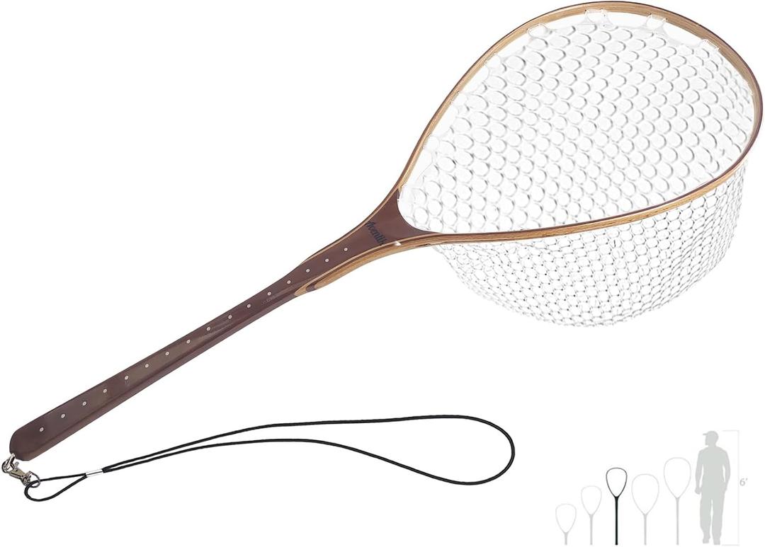 Riverruns Fly Fishing Net Landing Net Wooden Net Soft Rubber Mesh Trout Net Freshwater Saltwater Fishing Net with Safety Cord Net Gifts for Father Men, Long Handle Wooden Net