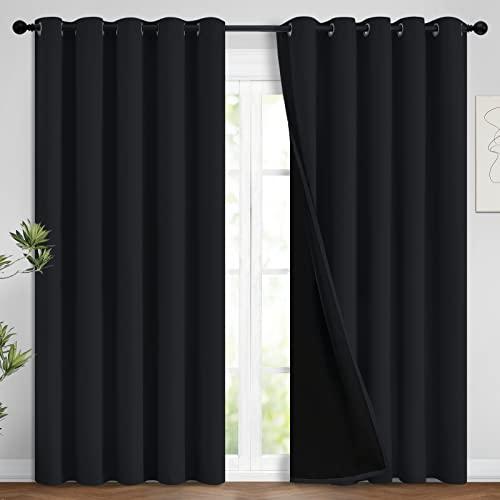 Yakamok 100% Blackout Curtains for Bedroom, 2 Thick Layers Thermal Insulated Grommet Total Blackout Drapes with Black Liner for Living Room (62Wx96L,Black, 2 Panels)