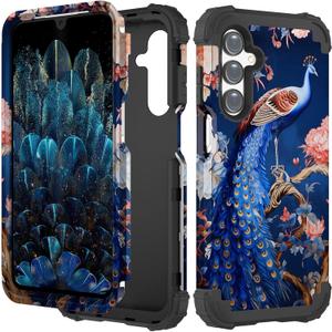 PIXIU Unique Flower Pattern Compatible with Samsung Galaxy A16 5G case,Heavy Duty Dual Layer Shockproof Full-Body Protective Sturdy Hybrid Cute Rugged Case for Women,Girls,Kids-Peafowl (A15)