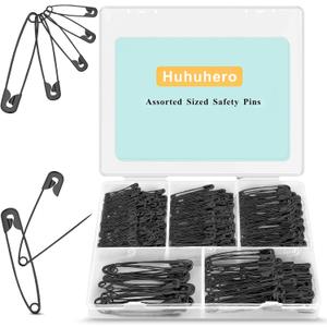 Safety Pins Assorted, 340 Pack Small & Large Heavy Duty Safety Pins for Clothes Sewing, 5 Different Sizes Pin Bulk, Arts and Crafts Supplies, Black