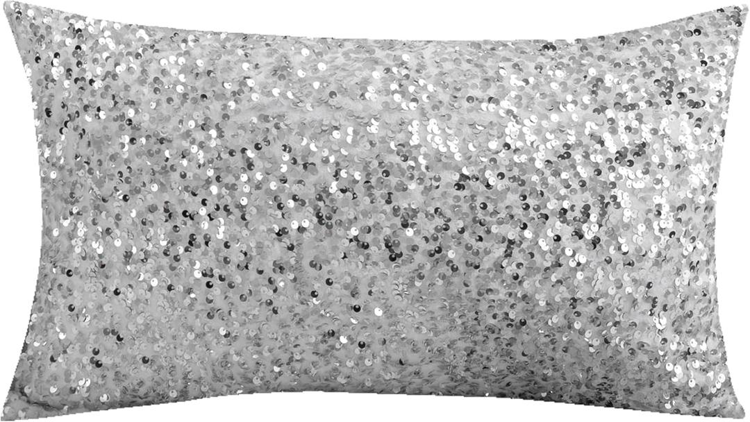 LIGICKY Luxury Series Glitzy Sequin Lumbar Pillow Covers Sparkling Decorative Glam Giltter Rectangle Cushion Cover Pillow Cases for Sofa Couch Bedroom Home Party Decor (12 x 20Inches, Silvery White)