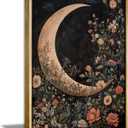 Framed Vintage Floral and Moon Wall Art Dark Academia Botanical Flower Picture Wall Decor Gothic Mystical Celestial Painting Canvas Prints Moody Crescent CottageCore Artwork for Living Room Bedroom, 24"L x 16"W