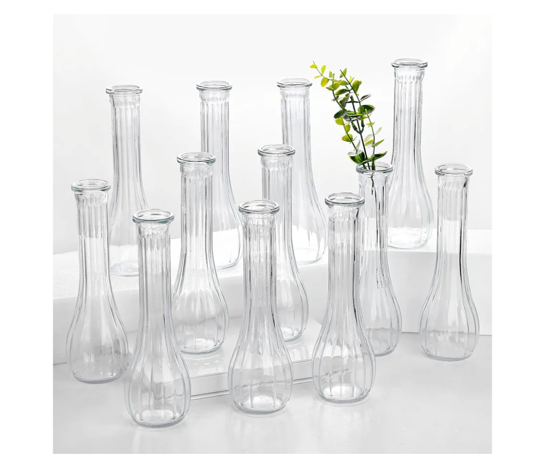 Glass Bud Vases for Centerpiece,12 Pcs Small Clear Ribbed Flower Vases for Weddings, Parties, Home Decor (8.5" Tall, Bulk Set) - Minimalist Table Vase for Roses, Pampas Grass, DIY Arrangements