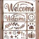 YKW Welcome Sign Stencils Set - 7 Reusable Smiley Paw Templates - Up to 14x5 - Welcome Words, Leaves, Pumpkin - for Porch, Door, Wood, Fabric - DIY Home Decor,Translucent and Soft