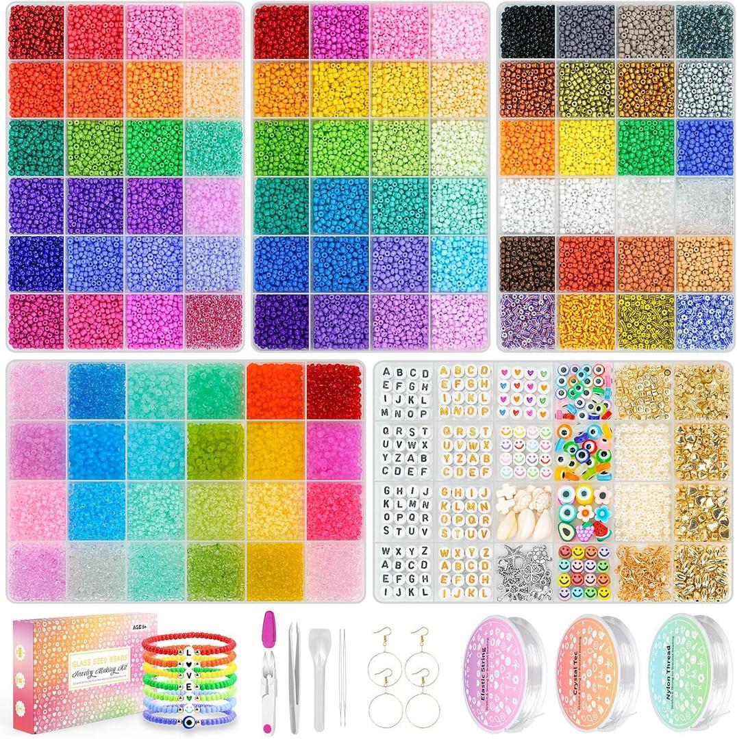 Friendship Bracelet Kit 3mm Seed Beads, 30000 Pcs 8/0 96 Colors Small Glass Beads Bulk with Letter Bead Charms for Jewelry Making Girls Gifts Rings Necklaces Waist Chain DIY Arts and Crafts