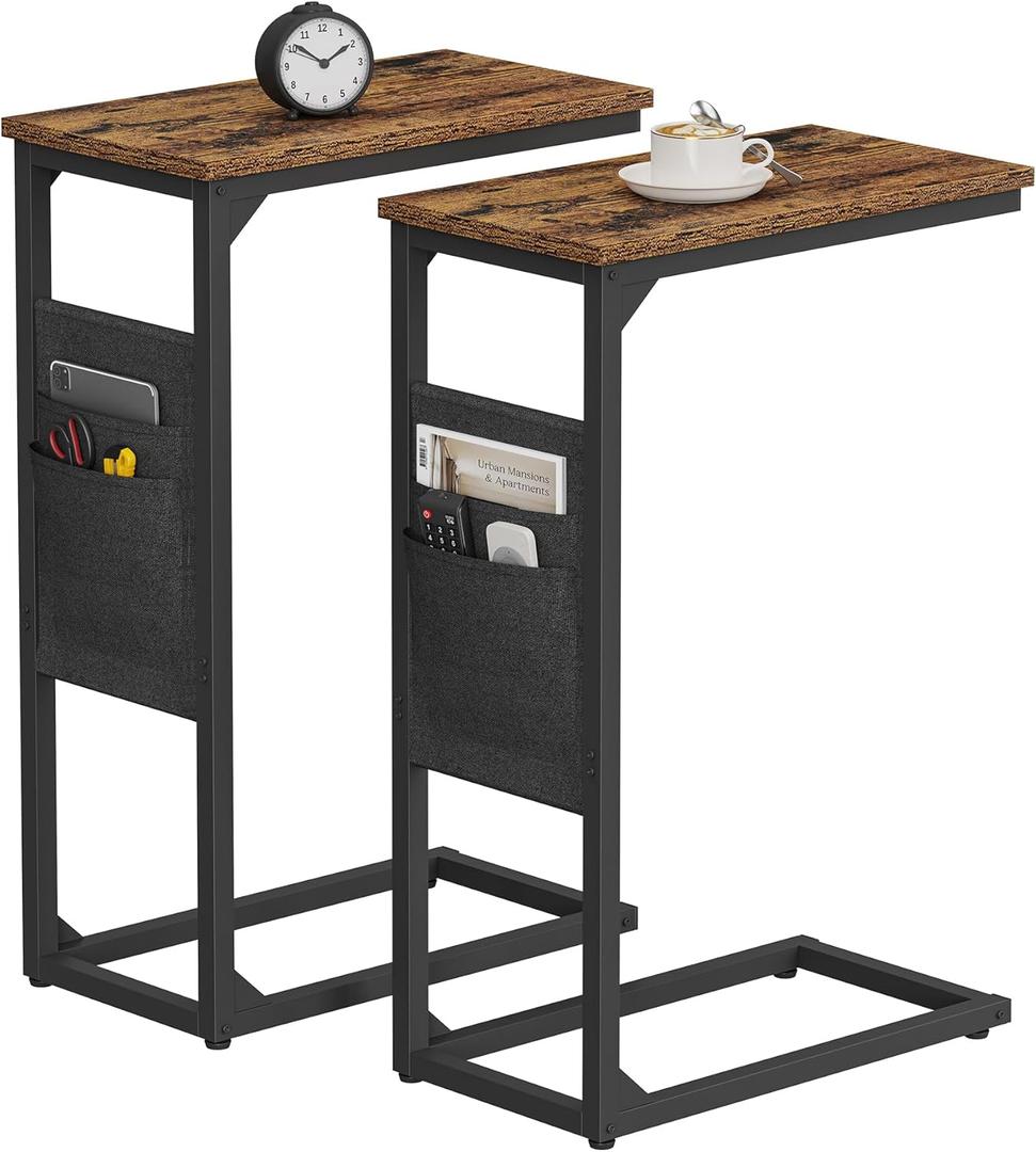 TUTOTAK C Shaped End Table, Side Table for Couch, Sofa Table with Storage Bag, TV Tray for Living Room, Bedroom, Brown TB01BB0822