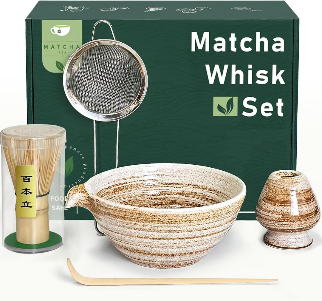 Matcha Whisk Set with Matcha Bowl, Matcha Whisk Holder Matcha Bamboo Whisks, Scoop, Sifter, Unique Gifts for Women Men Girl Friend Home Kitchen Decor Gifts for Tea Enthusiasts Christmas