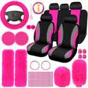 ROCEEI  Pcs Car Seat Cover Full Set for Women Christmas Fuzzy Car Accessories Fluffy Steering Wheel Cover Front Rear & Belt Handbrake Shift Accessory for Winter (Rose Red)