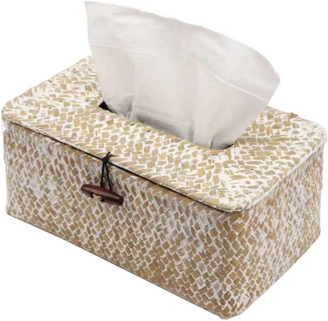 Tissue Box Cover Rectangle Seagrass Tissue Box,Woven Tissue Box Holder with Lid,Farmhouse Tissue Cover for Bathroom Toilet Living Room Bedroom Kitchen Table Desk Office,Whitewash