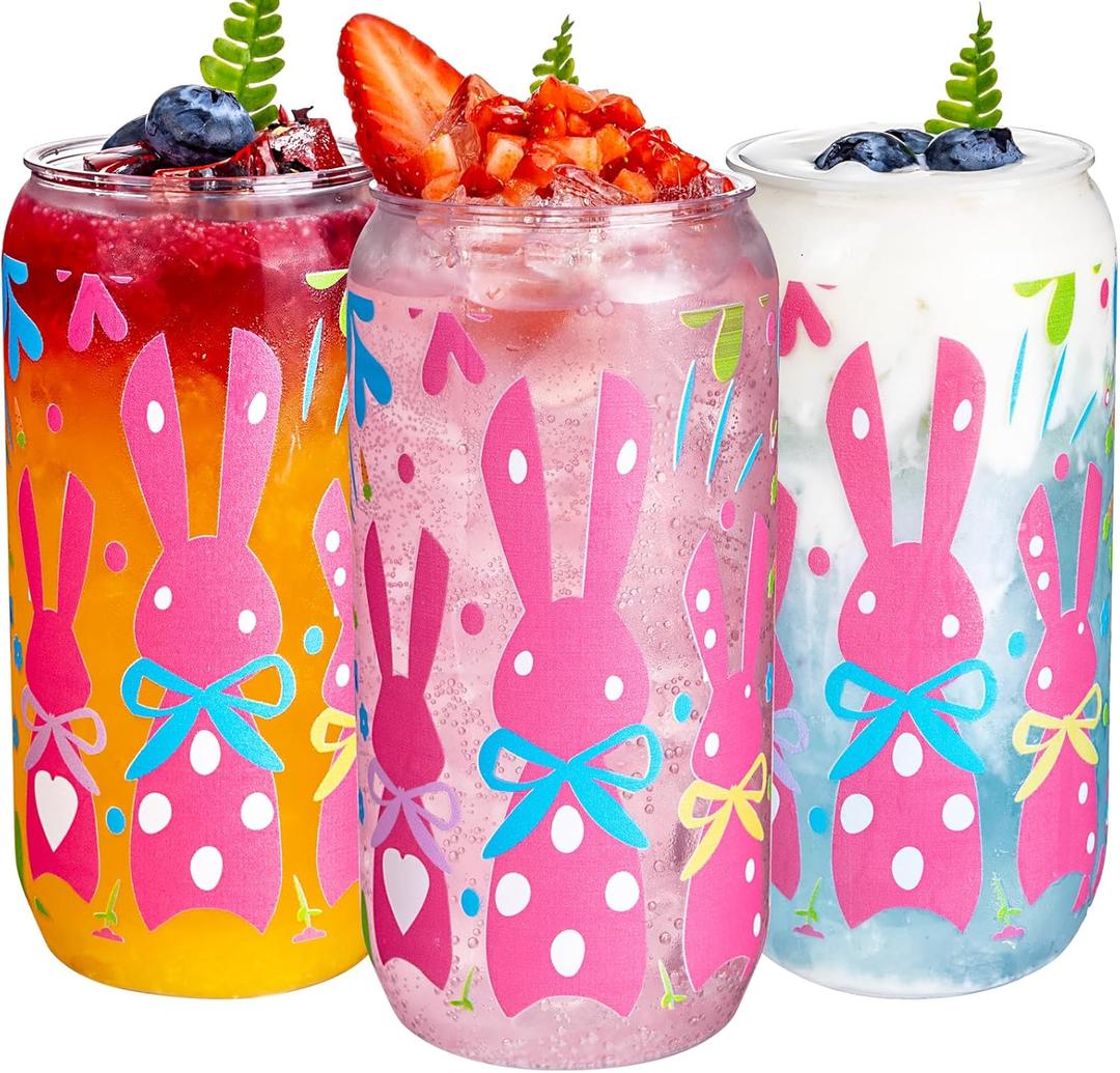 Ciaell 20 Pack Easter Can Shaped Plastic Cup - 16 Oz Plastic Drinking Cup with Easter Eggs and Bunny - Disposable Party Cups for Beer Iced Coffee Cocktail Soda Milk Smoothie