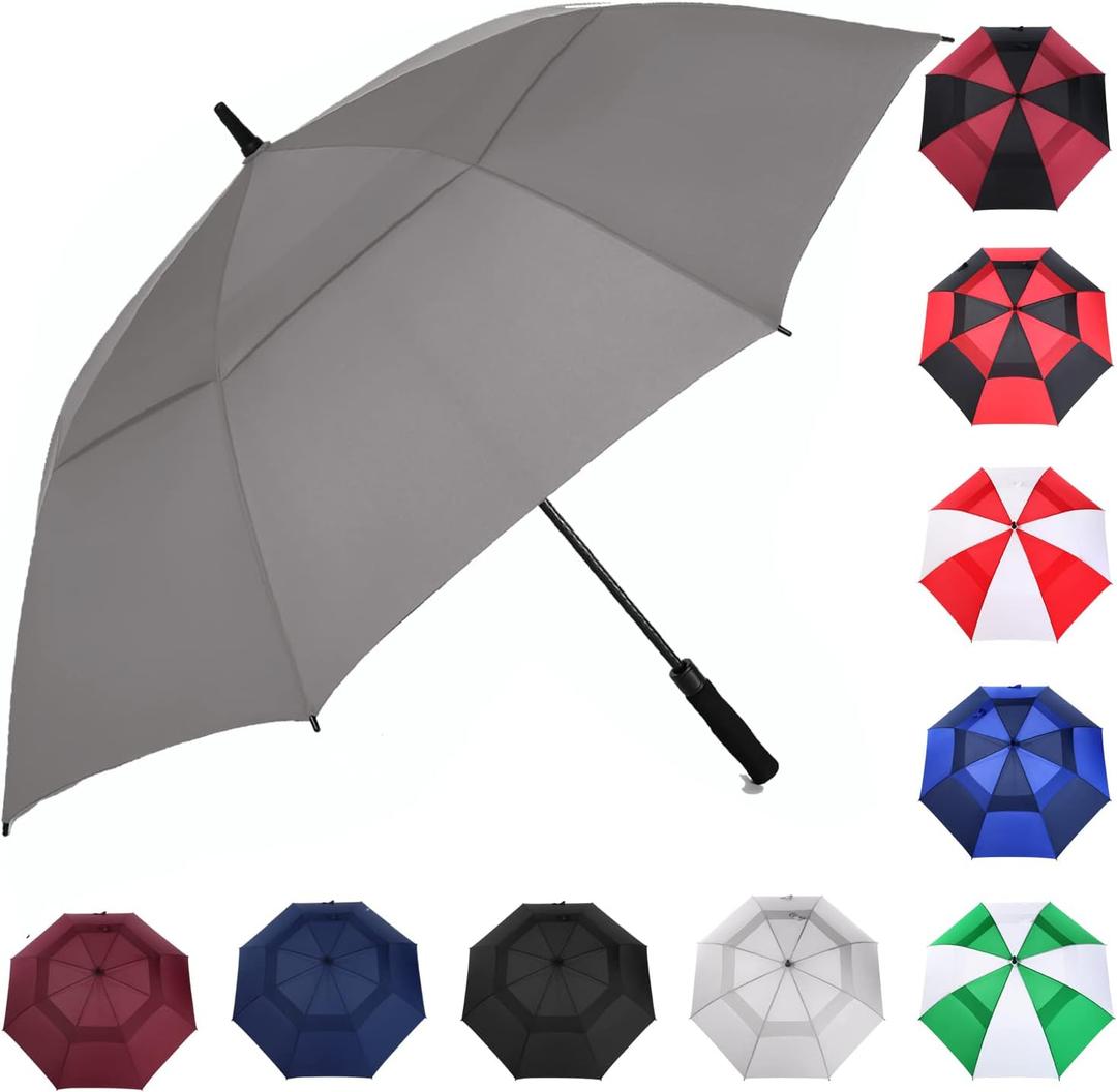MRTLLOA Automatic Open Golf Umbrella, Extra-Large Oversized Double Canopy Vented Windproof Waterproof Stick Rain Golf Umbrellas for Men and Women (Grey, 68 inch)