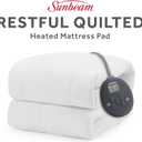 Sunbeam Electric Restful Quilted Heated Mattress Pad Twin 75" x 39" 12 Heat Settings 12-Hour Auto Shut-Off Extra-Cozy Fabric Deep Pocket Fit Machine Washable